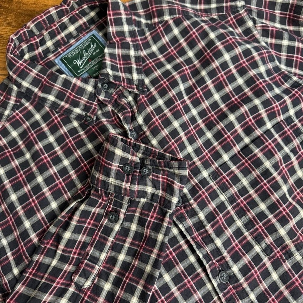 Woolrich Mens Flannel Plaid Button Down Shirt Black Red Long Sleeve Cotton Large